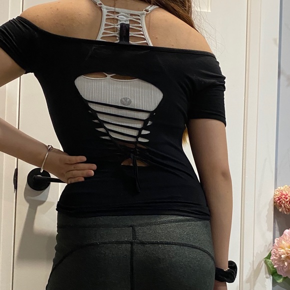 Black off the shoulder crop top with detailed back - Picture 2 of 5